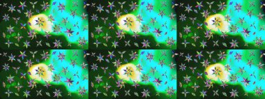 Çiçek desenli eskiz. Yeşil ve mavi renkte çiçekler. Tişört baskısı için çiçek boyama rasteriName.