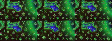 Raster illüstrasyonu. Suluboya çiçekli çiçek deseni. Yeşil ve gri renkli Asyalı tekstil.