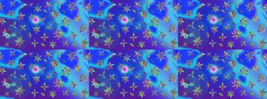 Raster düz çiçek çizim deseni. Hediye ambalaj kağıdı, tebrik kartları, posterler ve pankart tasarımı. Mavi ve mor renkte çiçekler.