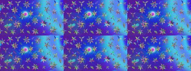 Raster Illustrasyon 'daki Çiçek Deseni' nin son moda çizimi. Mavi ve mor renkli çiçekler. Renkli Yaz Temalı eskiz kalıbı. Düz Çiçek Elementleri Tasarımı.