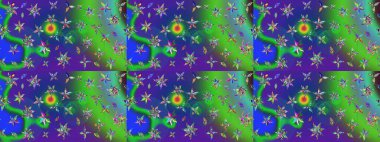 Raster illüstrasyonundaki çiçek desenli çizim. Yeşil ve mavi renkte çiçekler. Renkli Yaz Temalı eskiz kalıbı. Düz Çiçek Elementleri Tasarımı.