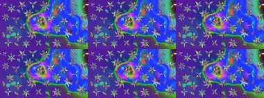 Mavi ve mor renkli parlak çiçekli soyut çizim deseni. Çiçeksel elementlerle süslenmiş zarif raster dokusu. Küçük çiçekte şirin bir çiçek deseni var..