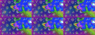 Yapraklı çiçekler ve mavi ve mor renkli papatya çiçekleri. Eskiz arkaplan modeli. Raster - stok.