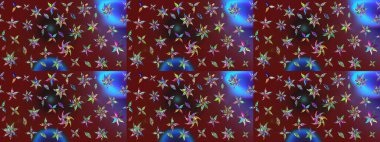 Çok renkli ve kahverengi zarif küçük çiçekler ve kırmızı ve kahverengi renkli komik böcekler, raster desen, illüstrasyon.