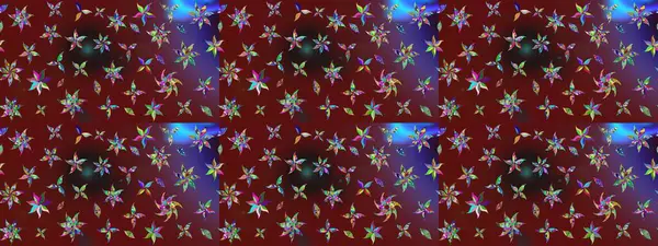 Renkli ve kahverengi raster çizimi. Bir sürü kırmızı ve kahverengi soyut çiçekli tropik eskiz deseni. Küçük çiçekte sevimli çiçek deseni var..