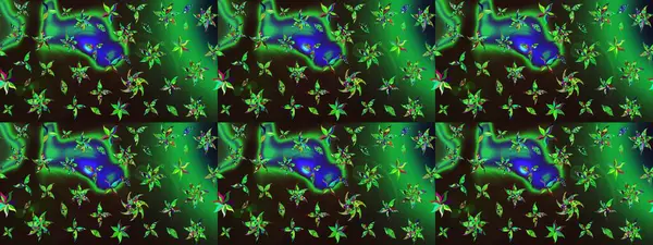 Raster illüstrasyonu. Suluboya çiçekli çiçek deseni. Yeşil ve gri renkli Asyalı tekstil.