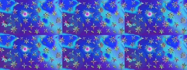 Raster düz çiçek çizim deseni. Hediye ambalaj kağıdı, tebrik kartları, posterler ve pankart tasarımı. Mavi ve mor renkte çiçekler.