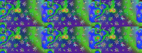 Patlayan çiçekler soyut olarak yerleştirilmiş. Raster deseni. Yumuşak, bahar çiçekleri yeşil ve mavi renklerde. Raster illüstrasyonu.