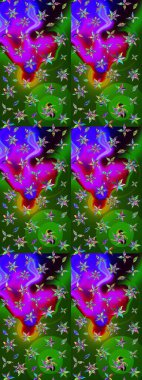 Tekstil tasarımı için yeşil ve mor renkli geleneksel halk çiçekleri buketi. Üzerinde gelincikler ve vadi zambakları olan renkli çiçek desenli nakış..