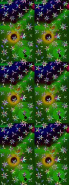 Raster düz çiçek çizim deseni. Hediye ambalaj kağıdı, tebrik kartları, posterler ve pankart tasarımı. Yeşil ve siyah renkte çiçekler.