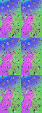 Küçük çiçekteki sevimli çiçek deseni. Raster deseni. Raster illüstrasyonu. Soyut çiçek çizim kalıbı arka planı. Mor ve yeşil renkler üzerinde.