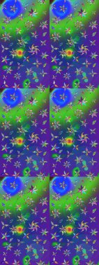 Tekstil tasarımı için mavi ve mor renkli geleneksel halk çiçekleri buketi. Üzerinde gelincikler ve vadi zambakları olan renkli çiçek desenli nakış..