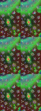 Suluboya elle çizilmiş çiçek desenli eskiz deseni. Parlak renkli fantezi çiçekleri, yapraklar, yeşil ve kahverengi renkli tomurcuklar yeşil ve kahverengi.