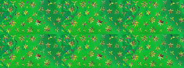 Yeşil ve sarı renkli çiçekler. Şatafatlı bahar bahçesi dokusu. Çiçek deseni. Raster illüstrasyonu. Yeşil ve sarı renkte çiçek çizimi.