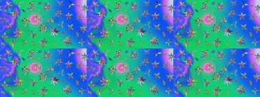 Hediye ambalaj kağıdı, tebrik kartları, posterler ve pankart tasarımı. Raster düz çiçek çizim deseni. Mavi ve yeşil renkte çiçekler.