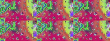 Sanat ilham verici ve pembe renkli çiçekler ve arkasında izler bırakıyor. Yeşil ve pembe el çizimi desen. Raster deseni. Karalama çiçekleri çizim deseni.