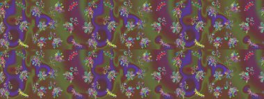 Raster illüstrasyonu. Kahverengi, yeşil ve mor renkler. Noel ve yeni yıl moda baskıları için tatil tasarımı. Kar tanelerinin soyut arkaplanlı Noel deseni.