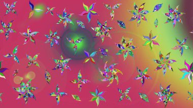 Düz Çiçek Elementleri Tasarımı. Pembe ve yeşil renkli çiçekler. Raster illüstrasyonundaki çiçek desenli çizim. Renkli Yaz Teması çizim şablonu.