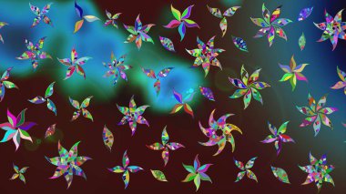 Çiçekli karalama şeklinde Raster çiçek deseni. Kahverengi ve mavi renkli çiçekler. Yumuşak, yaz çiçekli arka plan.