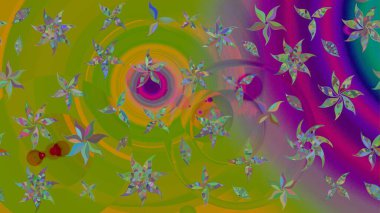 Raster illüstrasyonu. 3D çiçekler, eskiz. Yeşil ve mor renklerde.