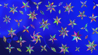 Şirin çiçekli eskiz deseni ve mavi ve yeşil renkli yapraklar, suluboya çiçek deseni, duvar kağıdı, kart ya da kumaş için fayanslı. Raster illüstrasyonu.