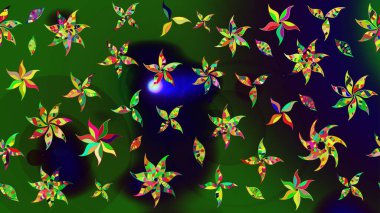 Raster illüstrasyonu. Yeşil ve gri renkli çiçekler. Çiçek süslemeli çizim deseni.