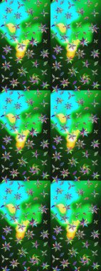 Renkli Bahar Teması eskiz kalıbı. Yeşil ve mavi renkli şirin çiçek desenleri. Düz Çiçek Elementleri Tasarımı. Raster Modaya uygun kumaş deseni.