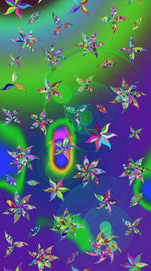 Yeşil ve mavi renkte çiçekler. Kumaş desenli papatya çiçekleri ayrıntıları.