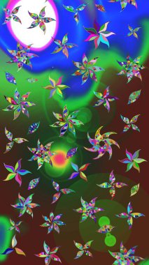 Yeşil ve mavi renkte çiçekler. Raster illüstrasyonu. Renkli Bahar Teması eskiz kalıbı. Asya tekstil tarzında. Çiçek desenli çizim. Düz Çiçek Elementleri Tasarımı.