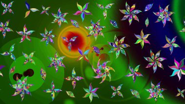 Renkli Bahar Teması eskiz kalıbı. Çiçeksel fantezi tasarımı ve parlak bir arka plan çizimi. Düz Çiçek Elementleri Tasarımı.