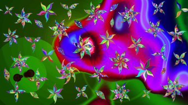 Raster illüstrasyonundaki çiçek desenli çizim. Yeşil ve mor renkte çiçekler.