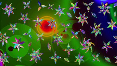 Çiçekli ipek eşarp. 1950-1960 motifleri. Retro tekstil tasarım koleksiyonu. Yeşil ve siyah, yeşil ve siyaha. El çizimi çiçek elementleri ile soyut çizim raster deseni.