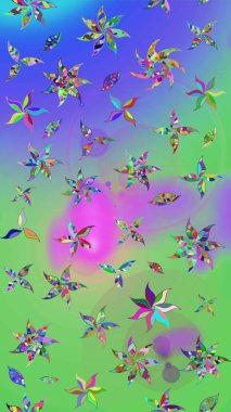 Renkli Bahar Teması eskiz kalıbı. Yeşil ve mor renkli şirin çiçek desenleri. Düz Çiçek Elementleri Tasarımı. Raster Modaya uygun kumaş deseni.