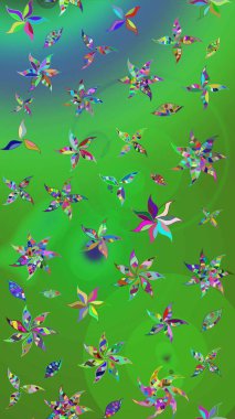 Raster illüstrasyonu. Düz Çiçek Elementleri Tasarımı. Yeşil ve mavi renkte çiçekler. Çiçekli çiçek deseni, suluboya. Renkli Bahar Teması çizim şablonu.