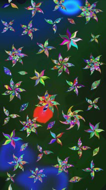 Motley illüstrasyonu. Mavi ve yeşil çiçekli bahar çiçekleri. Küçük çiçekte güzel bir desen. Küçük renkli çiçekler. Moda baskıları için zarif bir şablon.