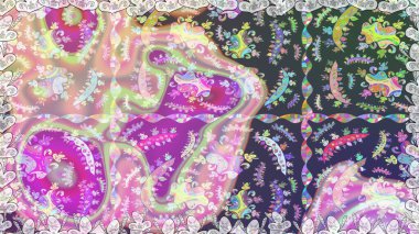 Raster Floral Illustration, Asyalı tekstil. Tarafsız ve mor renklerde etnik çiçeklerle kusursuz bir desen..