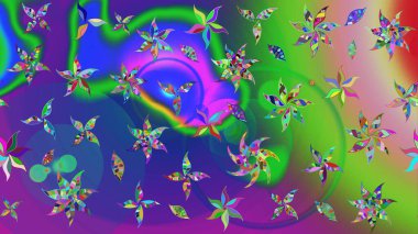 Raster illüstrasyonu. Yeşil ve mor renkli çiçekler. El çizimi çiçekli soyut çizim deseni.