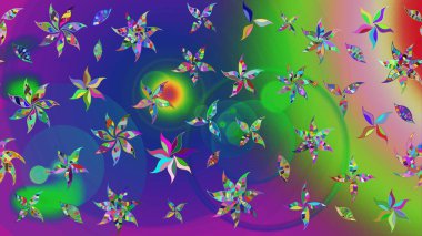 Çiçekli karalama şeklinde Raster çiçek deseni. Yeşil ve mavi renkte çiçekler. Yumuşak, yaz çiçekli arka plan.