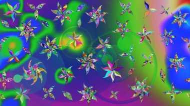 Renkli Bahar Teması eskiz kalıbı. Düz Çiçek Elementleri Tasarımı. Raster illüstrasyonundaki çiçek desenli çizim. Yeşil ve mavi renkte çiçekler.