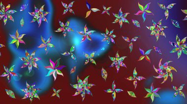 Çiçeksel çizim kalıbının yansıması. Vadinin çiçekleri mavi ve kırmızı renklerde.