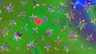 Patlayan çiçekler soyut olarak yerleştirilmiş. Raster illüstrasyonu. Nazikçe, rengarenk bahar çiçekleri. Raster deseni.