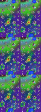 Raster illüstrasyonu. Çiçekli karalama şeklinde Raster çiçek deseni. Yeşil ve mavi renklerde bahar çiçekleri..