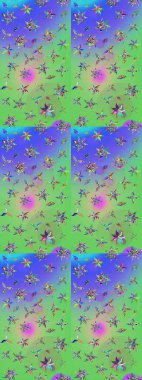 Moda baskıları için zarif bir şablon. Modern çiçek arkaplanı. Halk tarzı. Parlak renkli çiçekleri ve yeşil ve mavi renkte yaprakları olan muhteşem bir çiçek deseni..