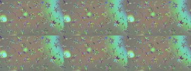 Çok renkli ve bej renkli küçük çiçekler ve gri ve bej renkli komik böcekler, raster desen, illüstrasyon.