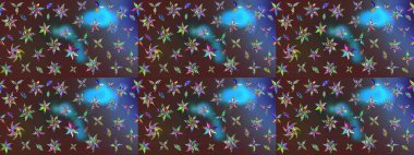 Raster illüstrasyonu. Moda baskısı, albüm, ambalaj kağıdı ve duvar kağıdı için zarif dekoratif süslemeler. Mor ve kahverengi renkte şirin çiçekler. Küçük çiçekli basit bir çiçek çizimi..