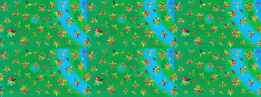 Raster illüstrasyonu. Renkli Bahar Teması eskiz kalıbı. Yeşil ve mavi renkte çiçekler. Düz Çiçek Elementleri Tasarımı. Çiçekli çiçek deseni, suluboya..