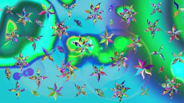 Raster illüstrasyonu. Çiçekli yumuşak bir eskiz şekli. Raster çiçekleri klasik tarzda çizilmiş. Mavi ve yeşil renklerde bahar çiçekleri..