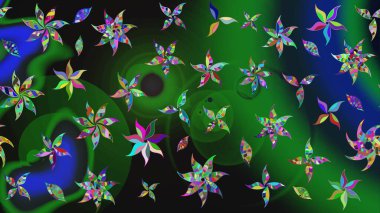 Yeşil ve gri renkli çiçekler. Hediye ambalaj kağıdı, tebrik kartları, posterler ve pankart tasarımı. Raster düz çiçek çizim deseni.