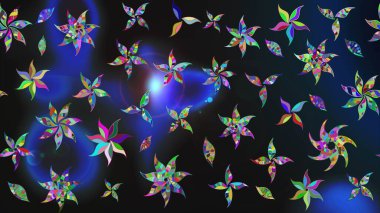 Raster illüstrasyonu. Şirin çiçekli eskiz deseni ve gri ve mavi renkli yapraklar, suluboya çiçek deseni, duvar kağıdı, kart veya kumaş için fayanslı.