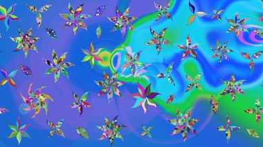 Raster illüstrasyonu. Mavi ve mor renkli çiçekler. Robot resim. Şirin çiçek elementleri..